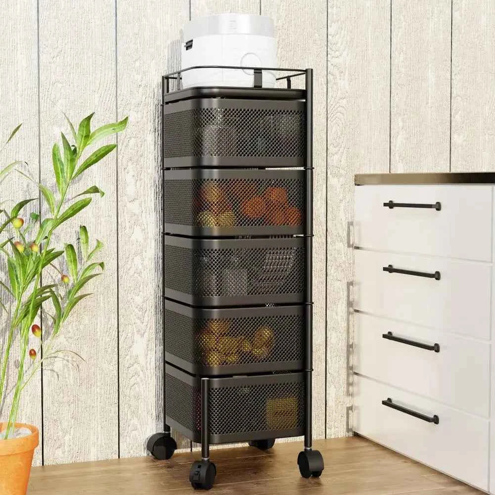 5-Layer Kitchen Trolley on Wheels Kitchen Storage Cart Fruit Basket Storage Container Fruit Vegetable Metal Wire Shelf