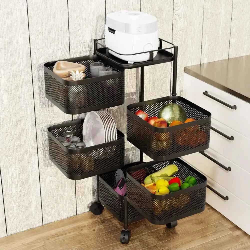 5-Layer Kitchen Trolley on Wheels Kitchen Storage Cart Fruit Basket Storage Container Fruit Vegetable Metal Wire Shelf