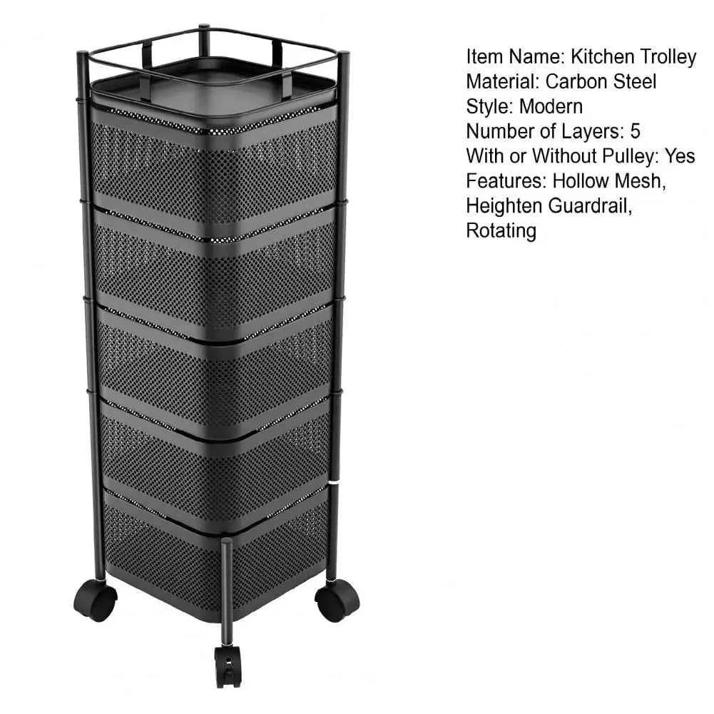 5-Layer Kitchen Trolley on Wheels Kitchen Storage Cart Fruit Basket Storage Container Fruit Vegetable Metal Wire Shelf