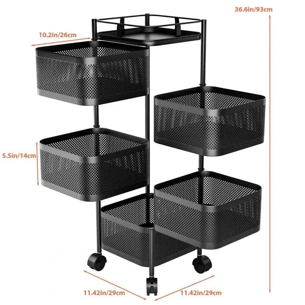 5-Layer Kitchen Trolley on Wheels Kitchen Storage Cart Fruit Basket Storage Container Fruit Vegetable Metal Wire Shelf