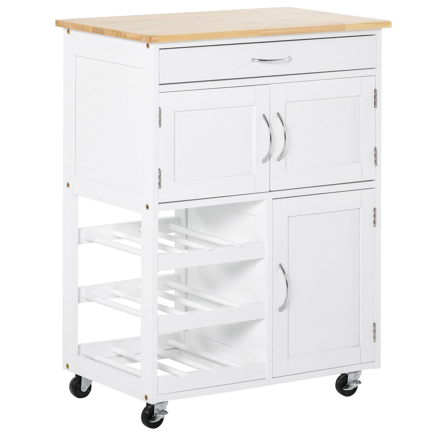 Rolling Kitchen Island Trolley Storage Cart with Rubberwood Top, Drawer, White