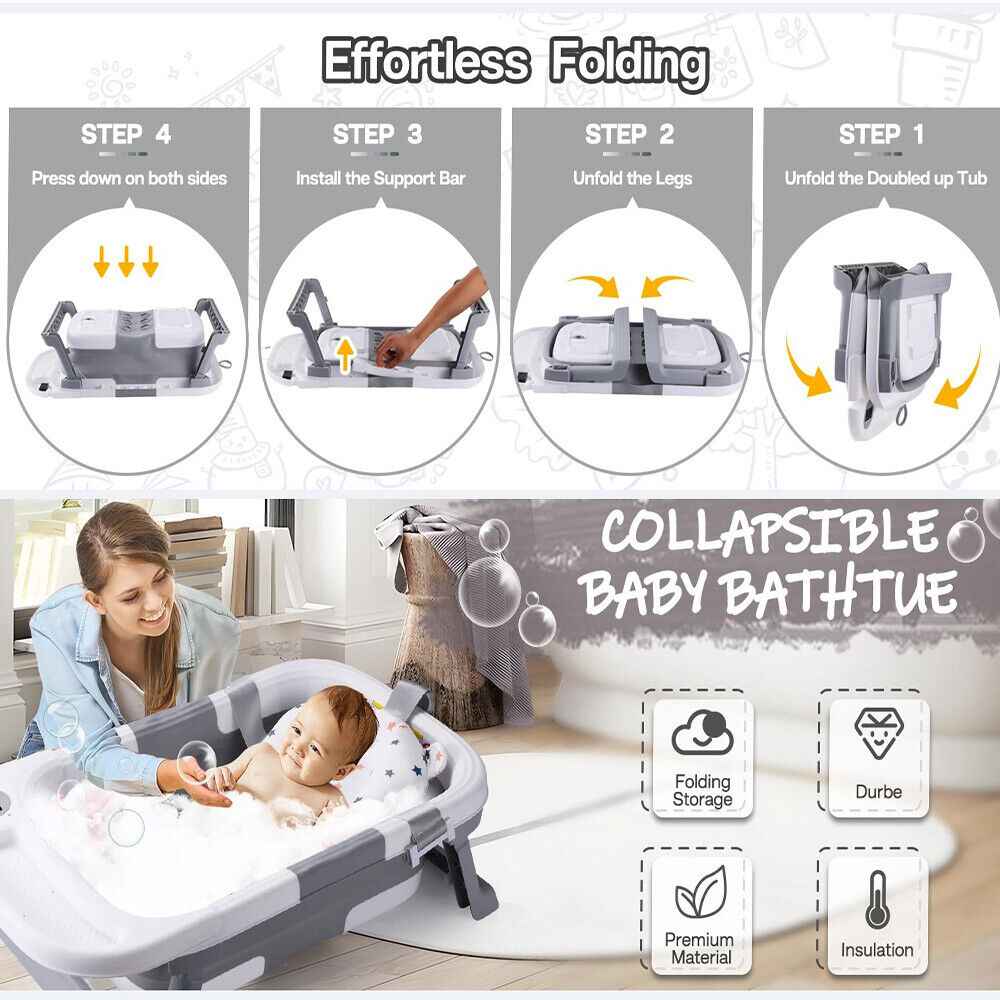 Foldable Baby Bath Tub Ergonomic with Temperature & Cushion Bath Pad + Bath Net