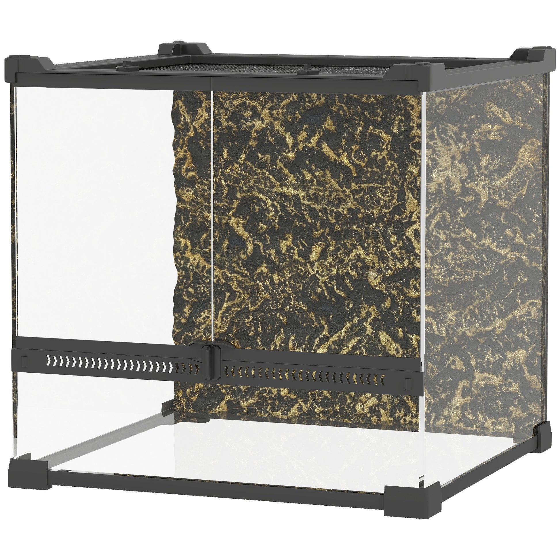 Glass Terrarium with Stone Background, Reptile Vivarium, Black