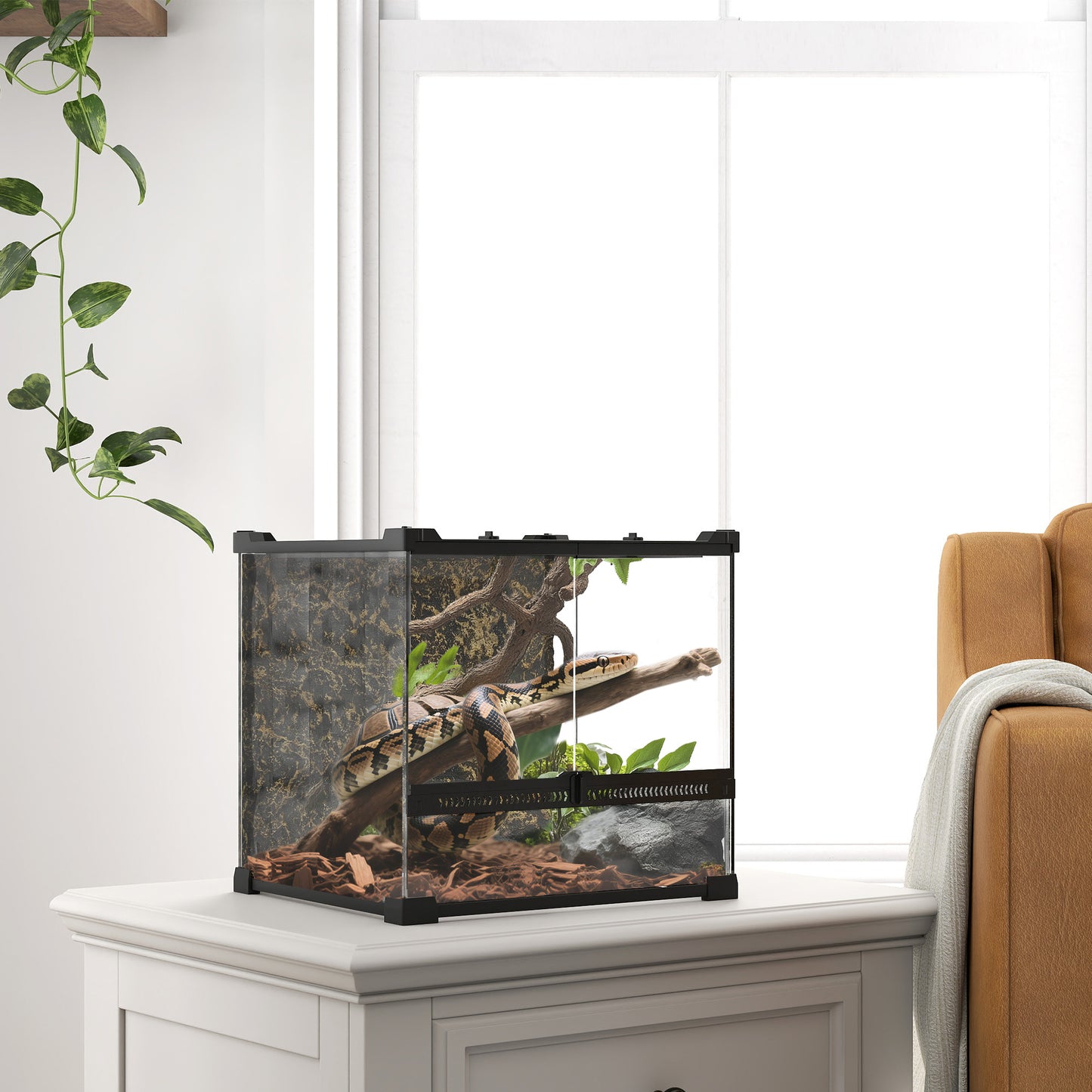 Glass Terrarium with Stone Background, Reptile Vivarium, Black