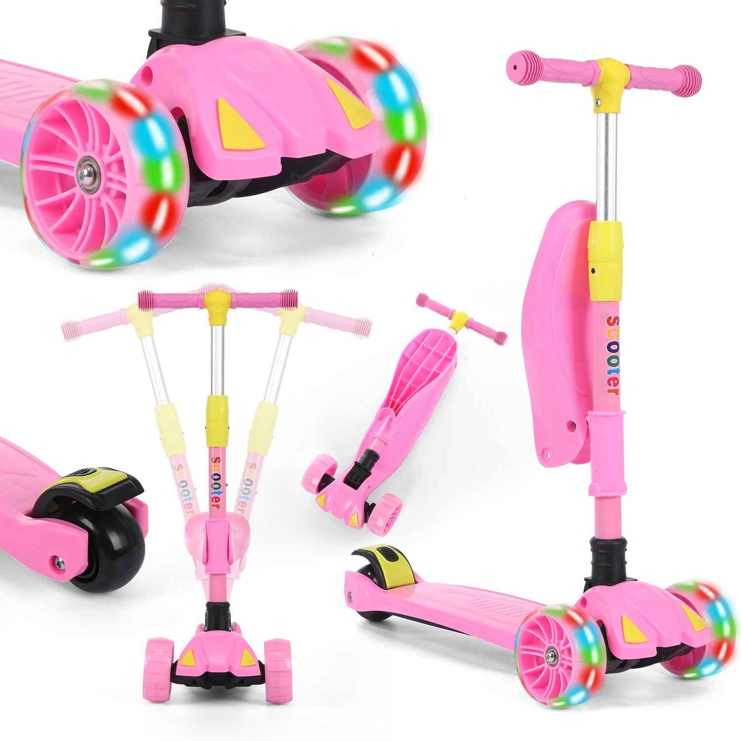 Kids Scooter Child Kick Flashing LED Light Up 3 Wheel Adjustable Folding UK