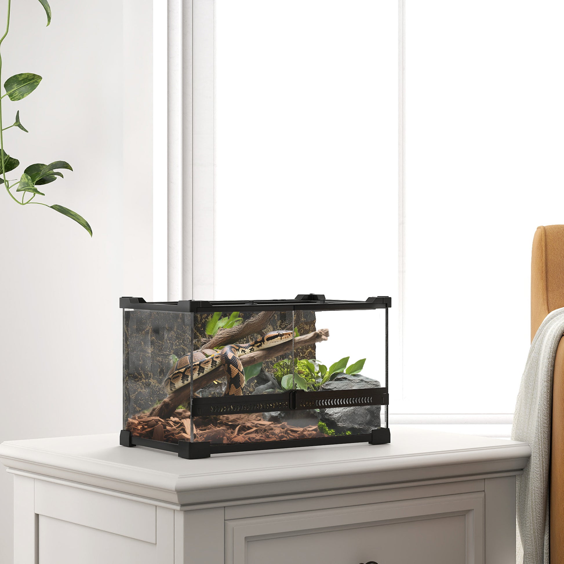 Glass Terrarium with Stone Background, Reptile Vivarium, Black