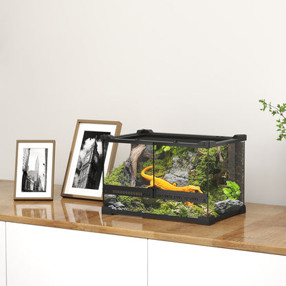Glass Terrarium with Stone Background, Reptile Vivarium, Black