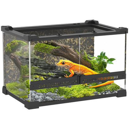 Glass Terrarium with Stone Background, Reptile Vivarium, Black