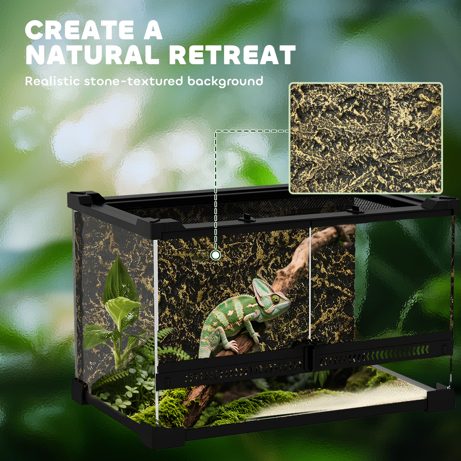 Glass Terrarium with Stone Background, Reptile Vivarium, Black