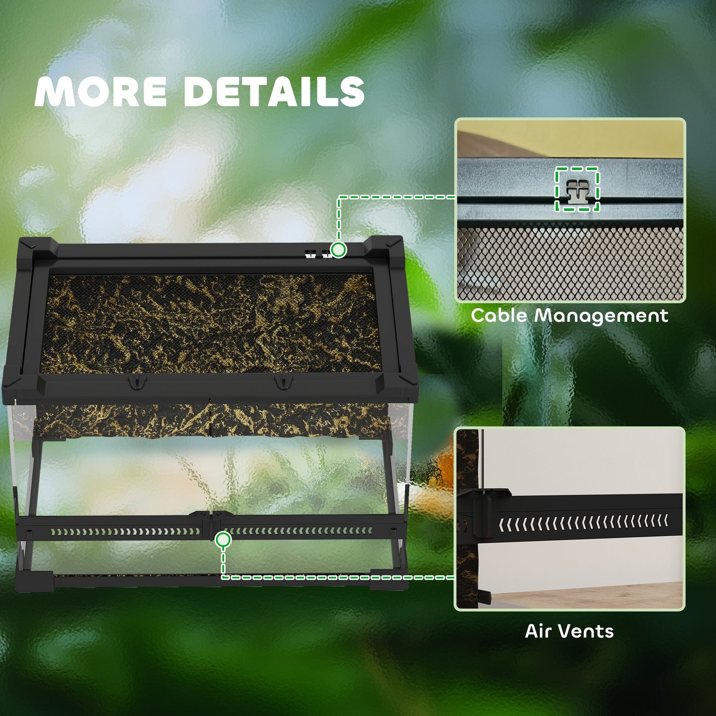 Glass Terrarium with Stone Background, Reptile Vivarium, Black