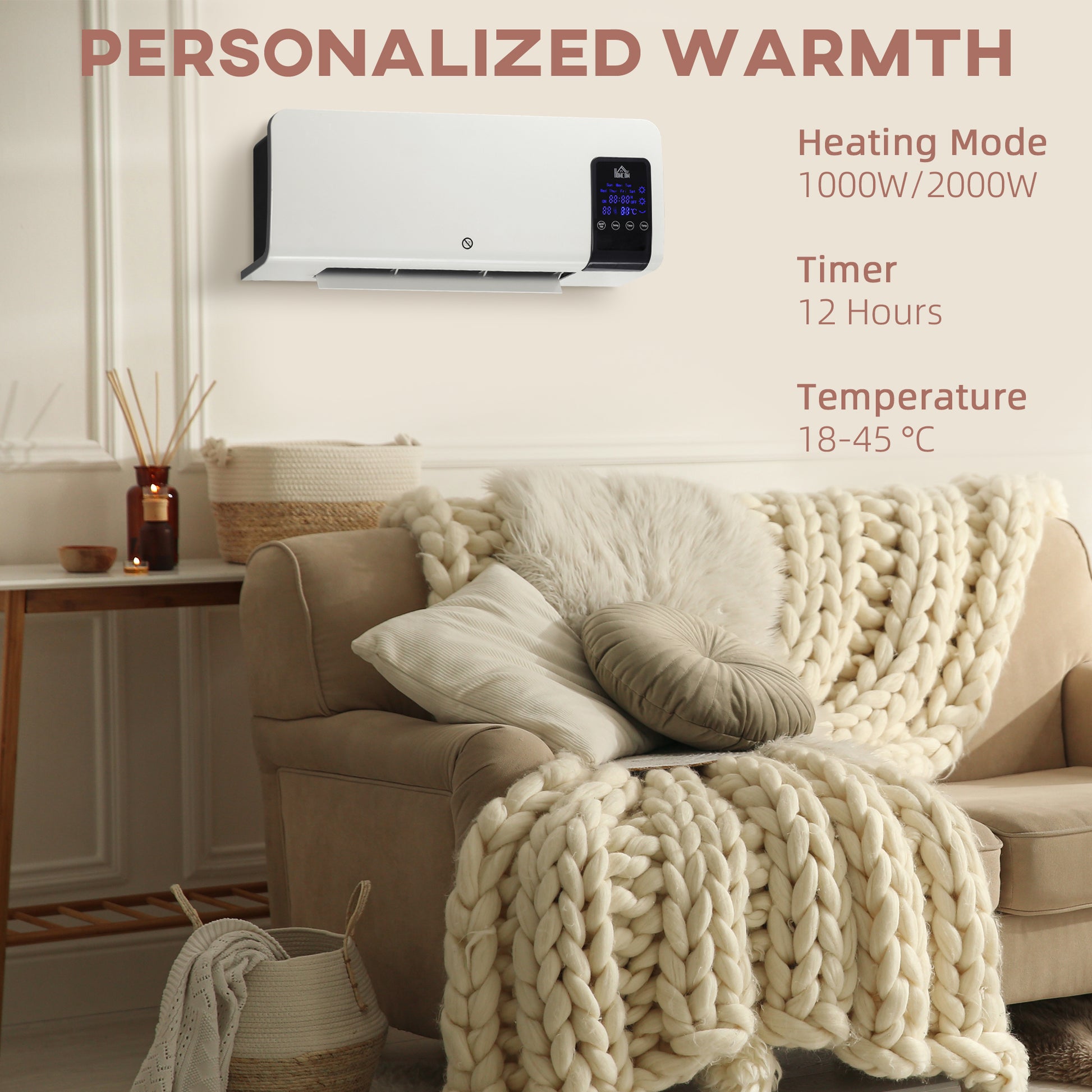 Wall Mounted Electric Heater with 2 Modes, 12H Timer and Oscillation