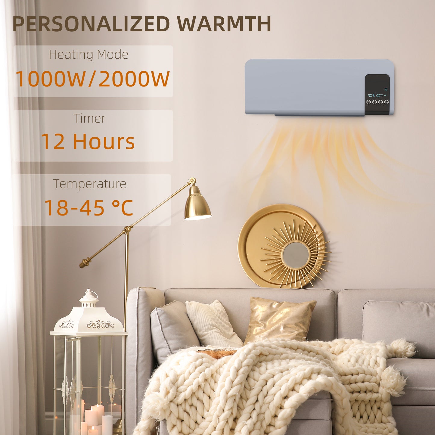 Wall Mounted Electric Heater with 2 Modes, 12H Timer and Oscillation