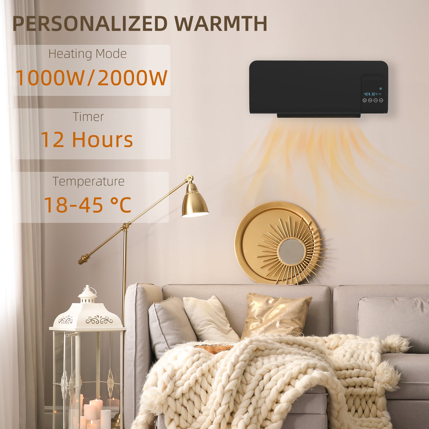 Wall Mounted Electric Heater with 2 Modes, 12H Timer and Oscillation