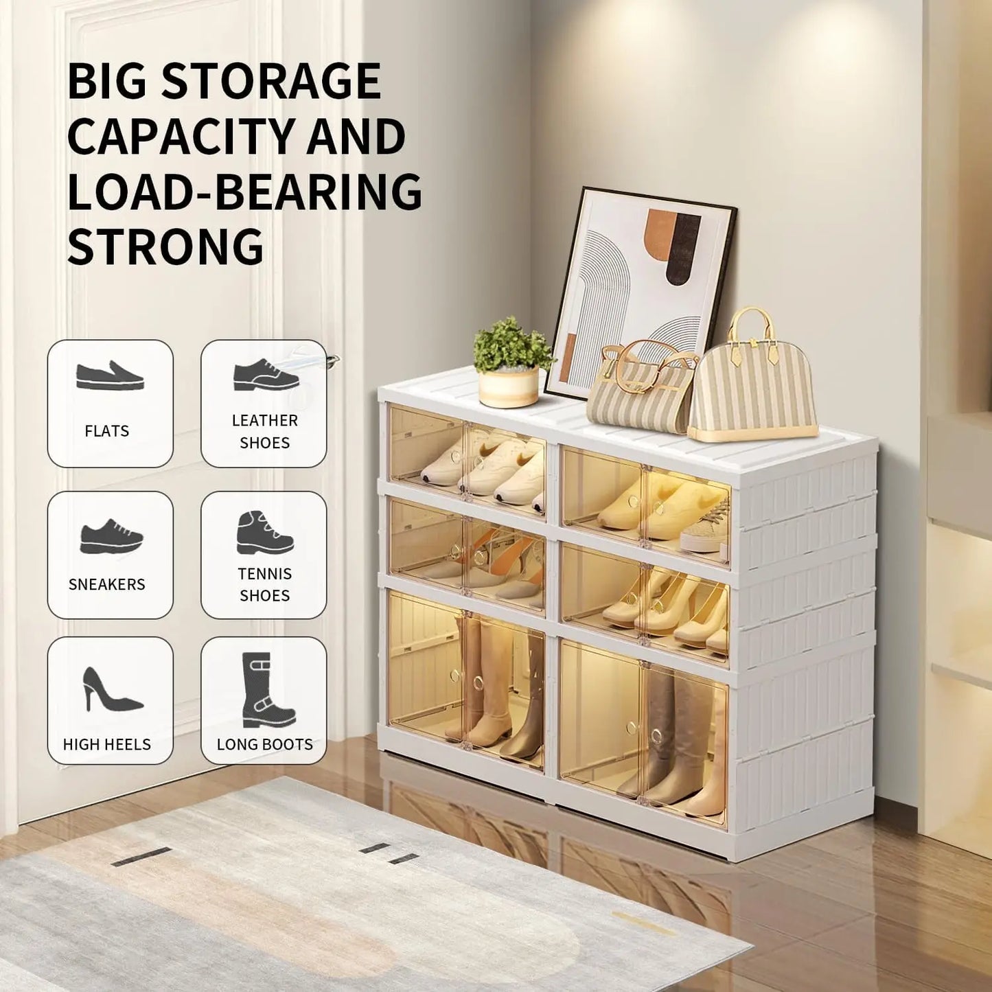 Foldable Plastic Shoe Rack Organizer with Clear Shoe Boxes Easy Assembly Injection Technics Rectangle Shape Door for Closet - Ceenaz Store