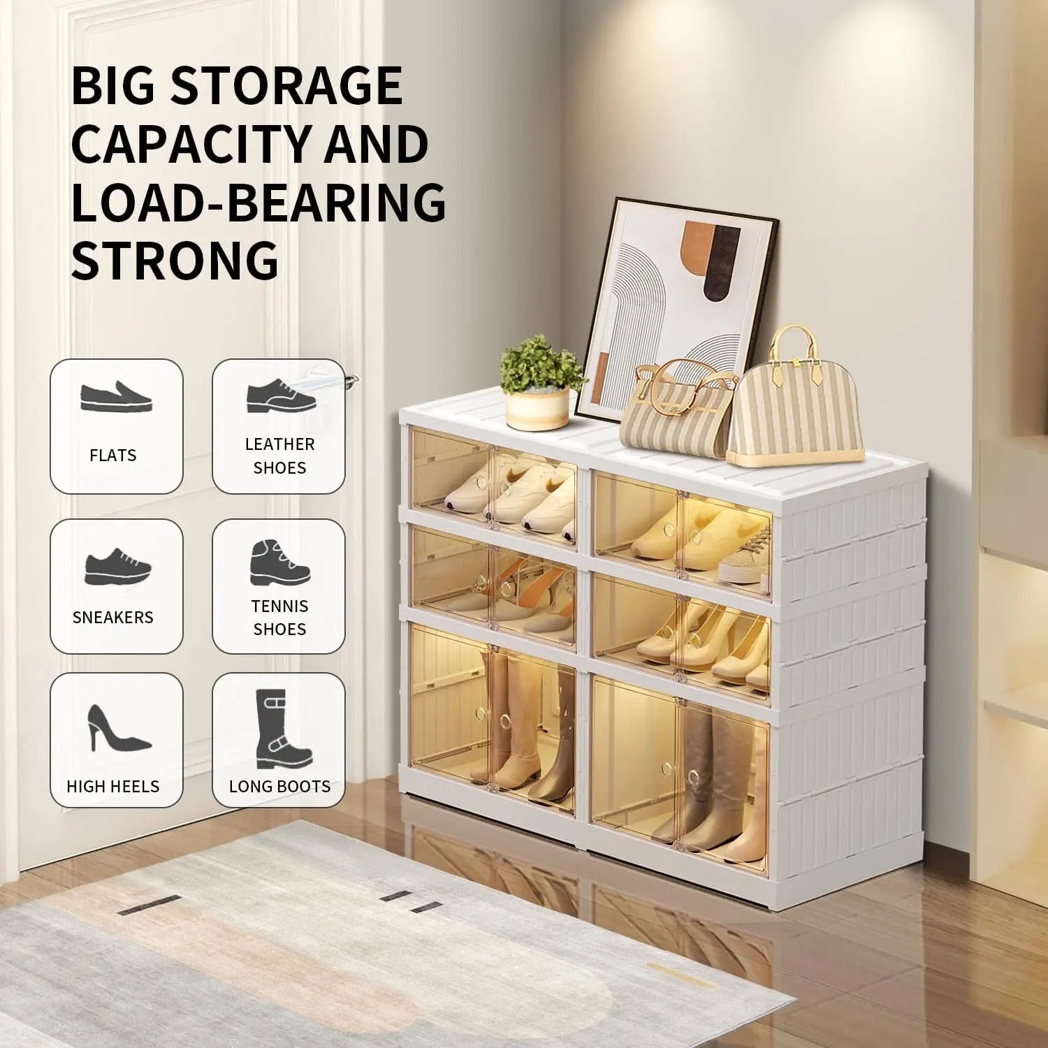 Foldable Plastic Shoe Rack Organizer with Clear Shoe Boxes Easy Assembly Injection Technics Rectangle Shape Door for Closet - Ceenaz Store