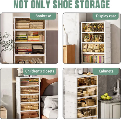 Foldable Plastic Shoe Rack Organizer with Clear Shoe Boxes Easy Assembly Injection Technics Rectangle Shape Door for Closet - Ceenaz Store