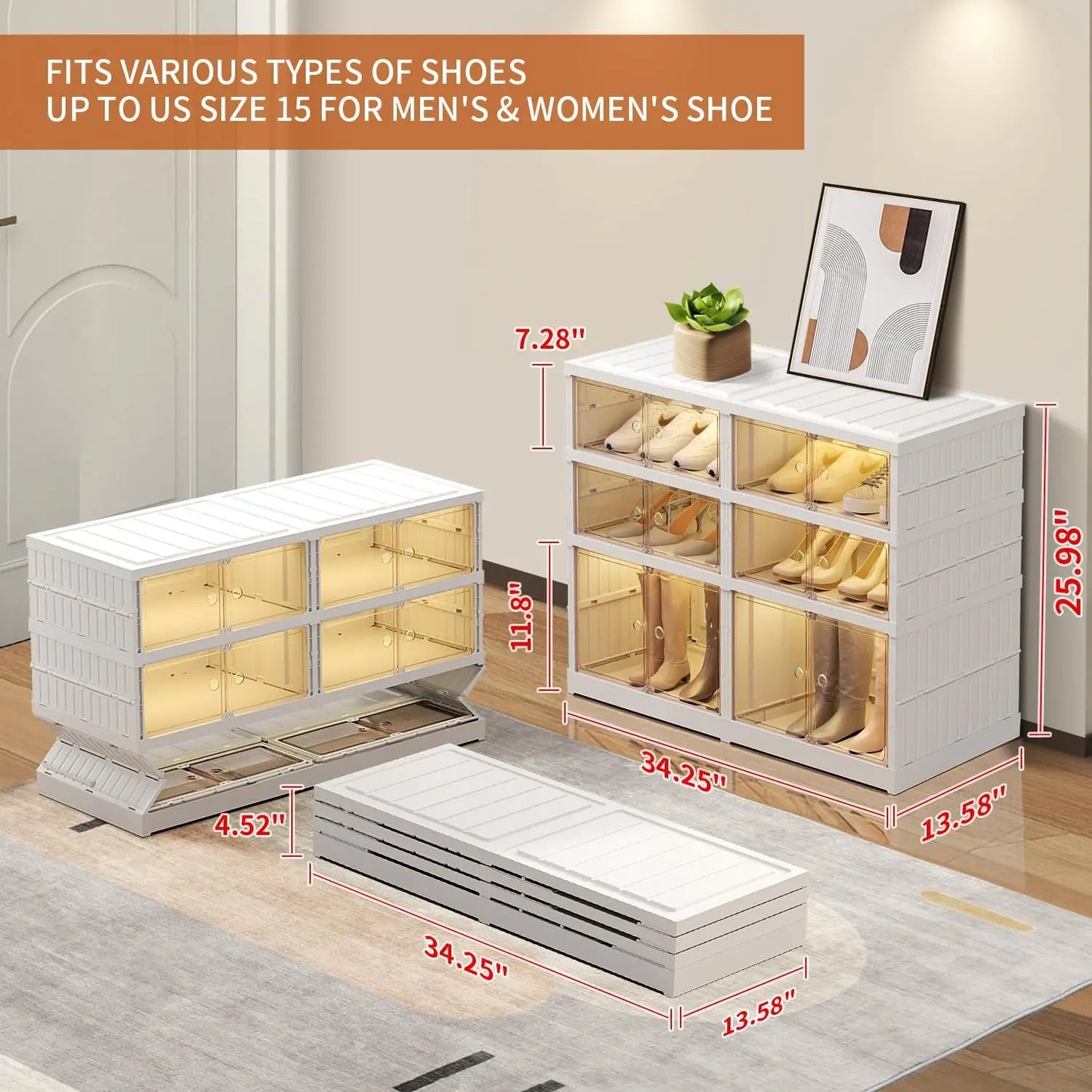 Foldable Plastic Shoe Rack Organizer with Clear Shoe Boxes Easy Assembly Injection Technics Rectangle Shape Door for Closet - Ceenaz Store