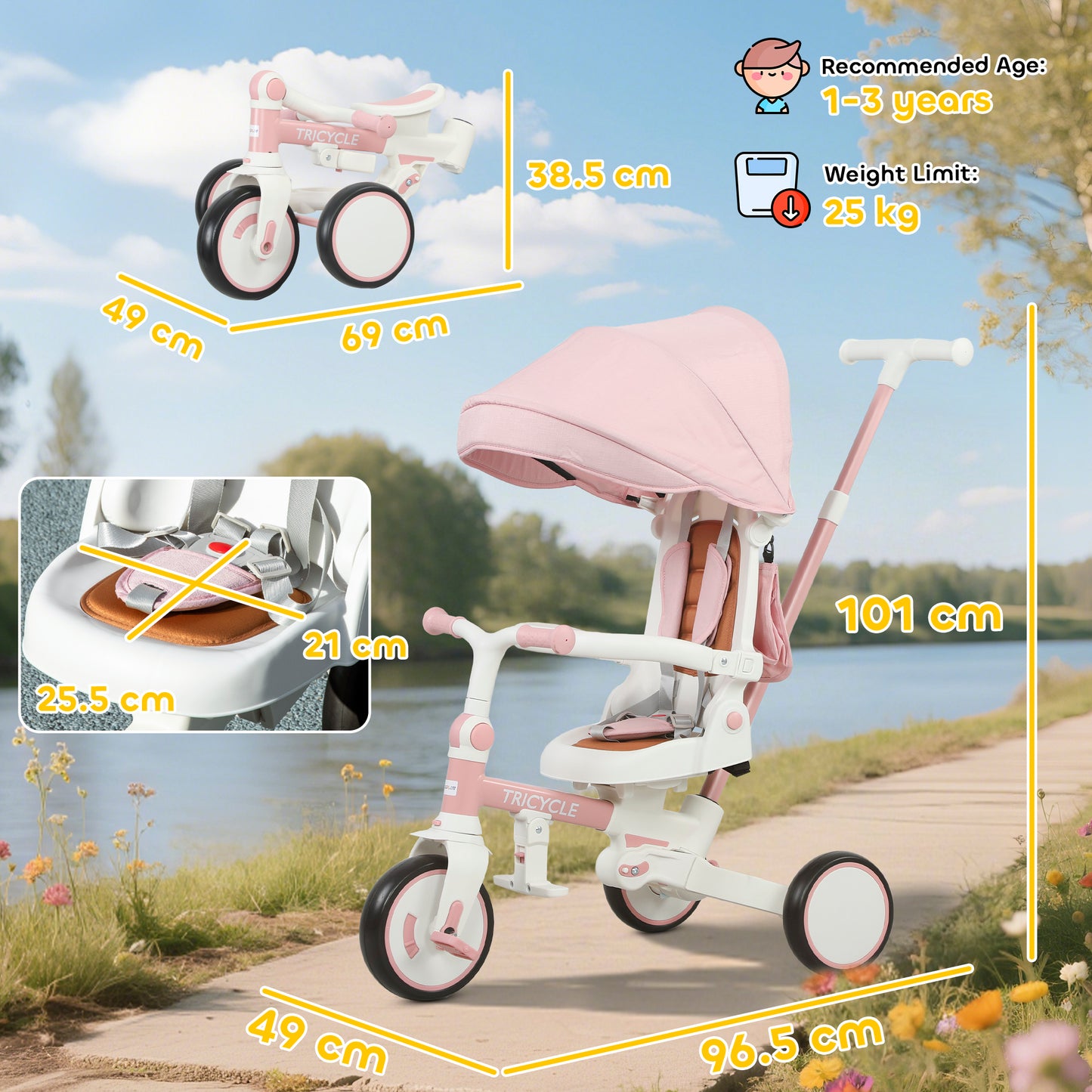 5 in 1 Kids Trike with Adjustable Backrest, Foldable Baby Trike