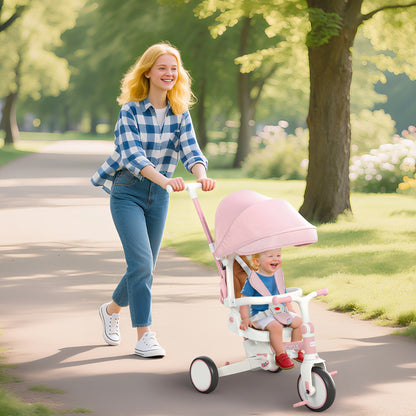 5 in 1 Kids Trike with Adjustable Backrest, Foldable Baby Trike