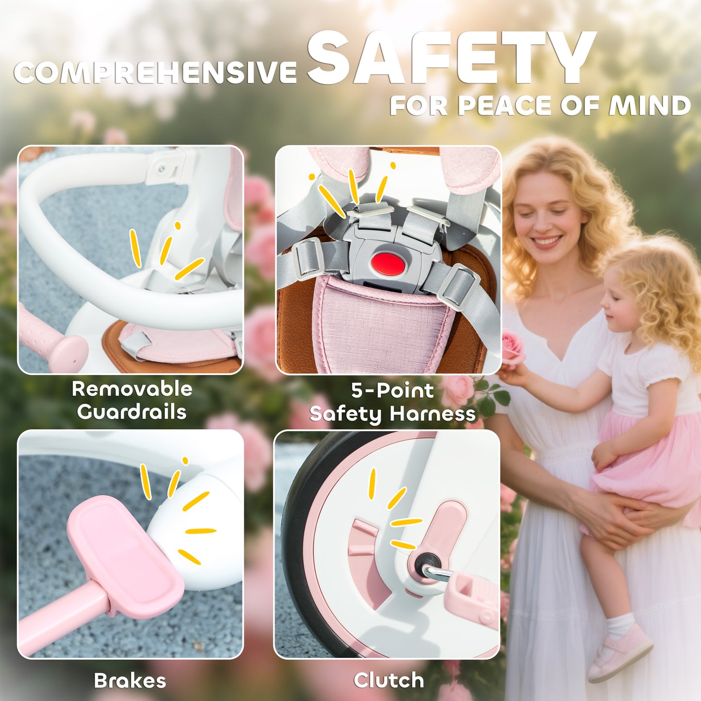 5 in 1 Kids Trike with Adjustable Backrest, Foldable Baby Trike