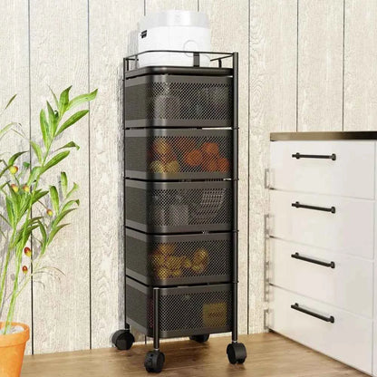 5-Layer Kitchen Trolley on Wheels Kitchen Storage Cart Fruit Basket Storage Container Fruit Vegetable Metal Wire Shelf