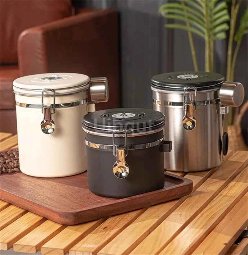 304 Stainless Steel Coffee Canister Coffee Bean Storage Airtight Containers with Date with Spoon Vent Valve Kitchen Food Storage Jar