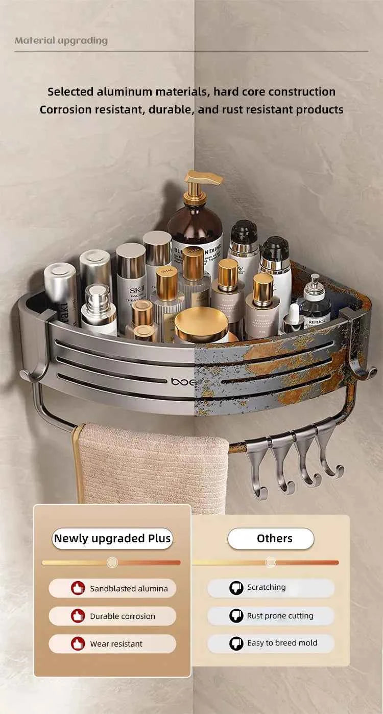 No Drill Bathroom Corner Shelf Wall Mounted Shower Corner Shelves with Hook Towel Bar Space Aluminum Bathroom Organizer Rack