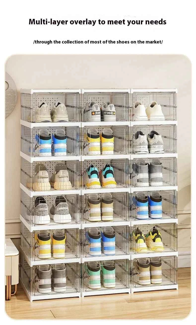 Dustproof 6 Layers Foldable Shoes Box Stackable Transparent Thickened Plastic Bins Sneaker Shoe Organizer Cabinet Organizers