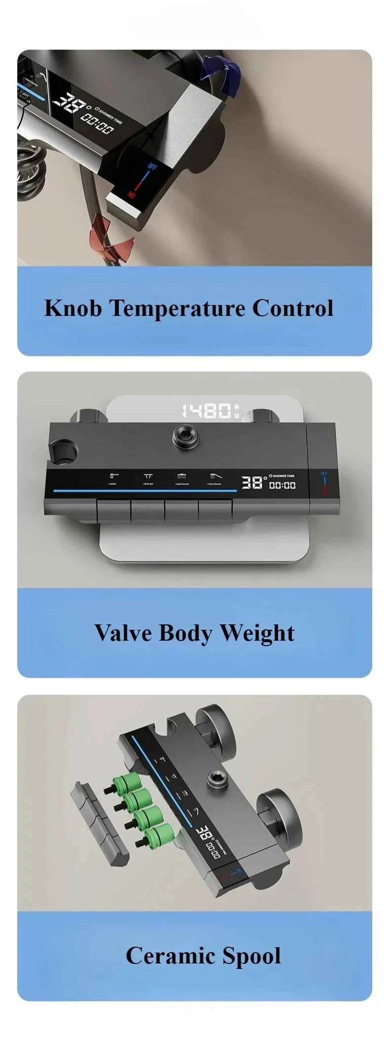 Smart Temperature Digital Display Shower Set Bathroom Wall Mounted Piano Key 4 Ways Water Outlet Rainlfall Shower Faucet System