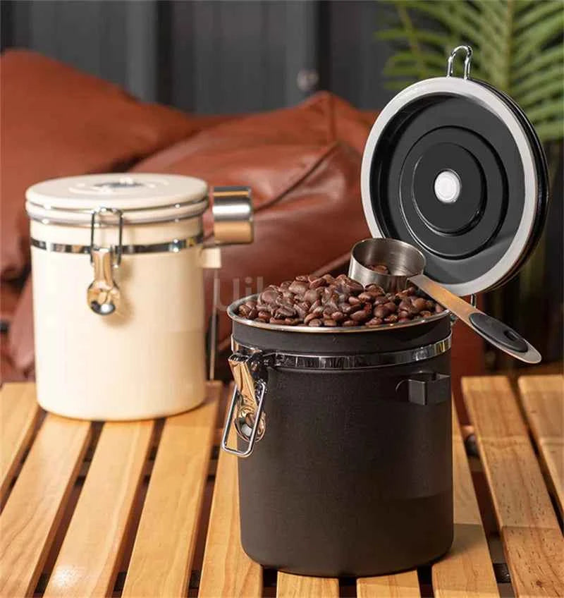 304 Stainless Steel Coffee Canister Coffee Bean Storage Airtight Containers with Date with Spoon Vent Valve Kitchen Food Storage Jar