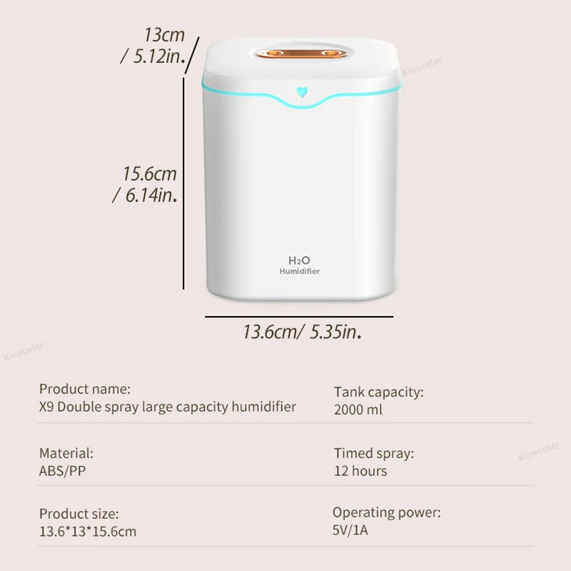 Ceenaz 2000ml Double Spray Air Humidifier Essential Oil Diffuser Household Electric Aromatic Diffuser Ultrasonic Silent Cool Mist Maker - Ceenaz Store