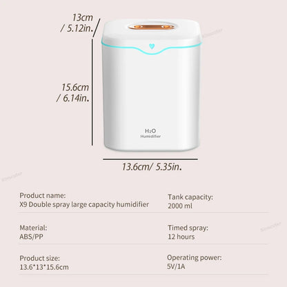 Ceenaz 2000ml Double Spray Air Humidifier Essential Oil Diffuser Household Electric Aromatic Diffuser Ultrasonic Silent Cool Mist Maker - Ceenaz Store