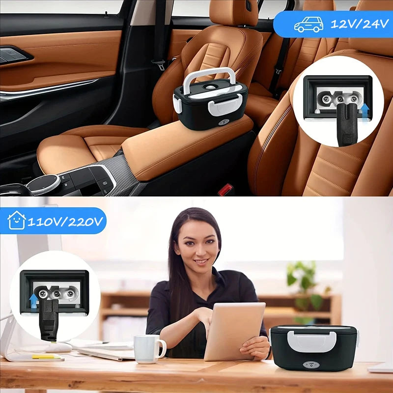 220V 110V 24V 12V 2 in 1 Electric Heating Lunch Box Car Truck Office Food Heater Stainless Steel Food Warmer Container Black Set - Ceenaz Store