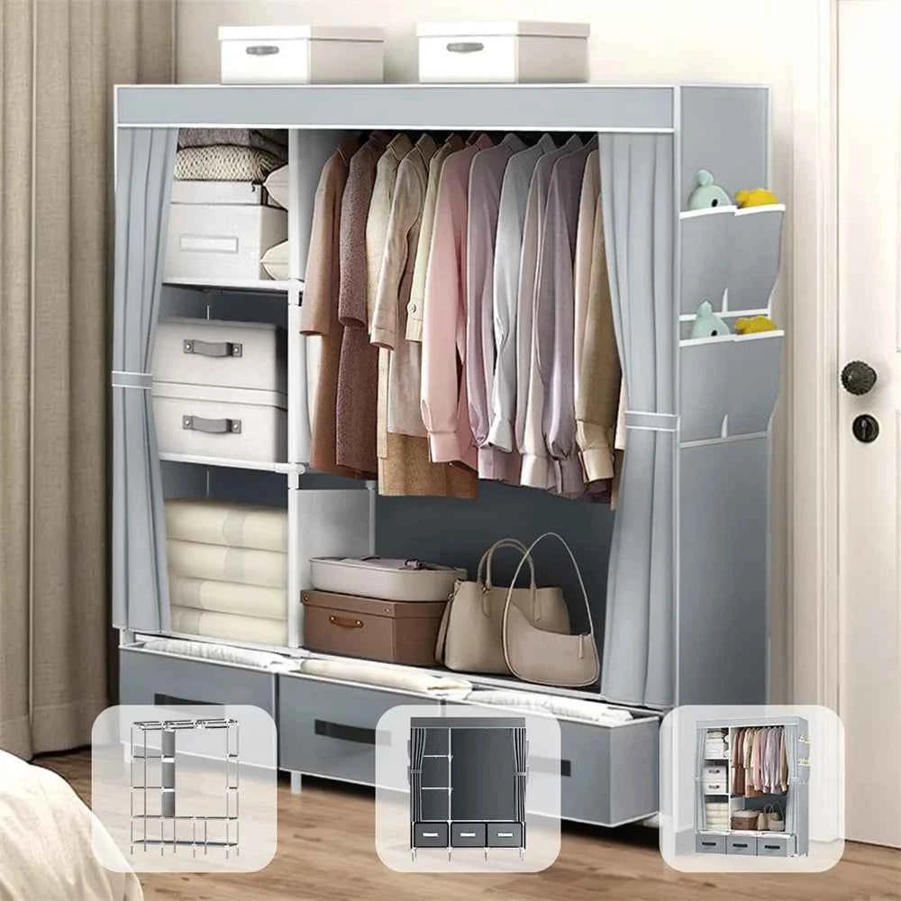 2025 New Upgraded Wardrobe 65 Inch Portable Cabinet Large Clothes Closet with Storage Shelves and Side Pocket Clothes Organizer