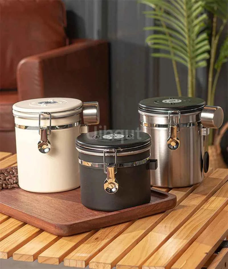 304 Stainless Steel Coffee Canister Coffee Bean Storage Airtight Containers with Date with Spoon Vent Valve Kitchen Food Storage Jar