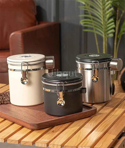 304 Stainless Steel Coffee Canister Coffee Bean Storage Airtight Containers with Date with Spoon Vent Valve Kitchen Food Storage Jar