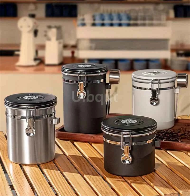 304 Stainless Steel Coffee Canister Coffee Bean Storage Airtight Containers with Date with Spoon Vent Valve Kitchen Food Storage Jar