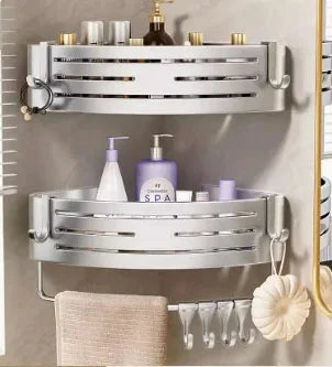 No Drill Bathroom Corner Shelf Wall Mounted Shower Corner Shelves with Hook Towel Bar Space Aluminum Bathroom Organizer Rack - Ceenaz Store
