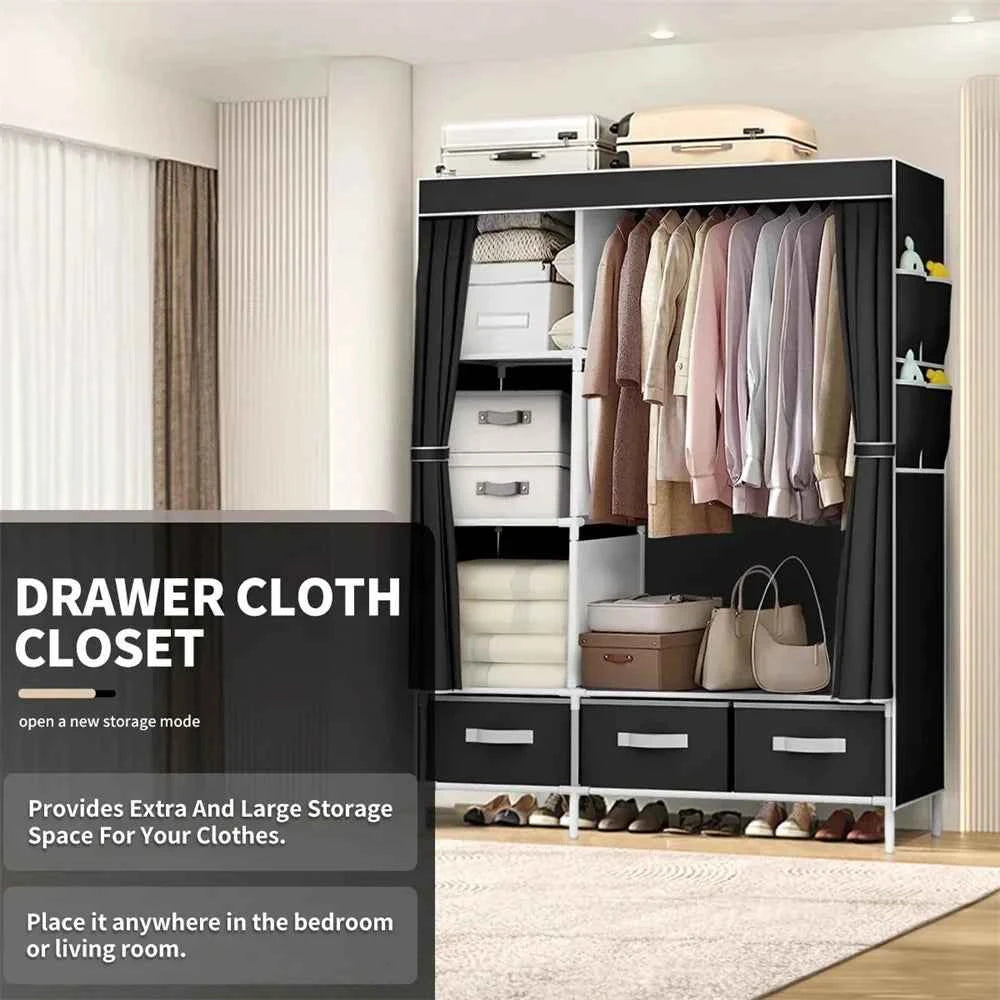 2025 New Upgraded Wardrobe 65 Inch Portable Cabinet Large Clothes Closet with Storage Shelves and Side Pocket Clothes Organizer