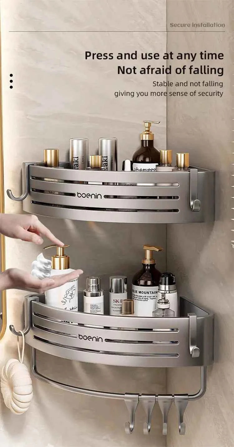 No Drill Bathroom Corner Shelf Wall Mounted Shower Corner Shelves with Hook Towel Bar Space Aluminum Bathroom Organizer Rack