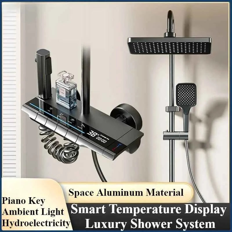 Smart Temperature Digital Display Shower Set Bathroom Wall Mounted Piano Key 4 Ways Water Outlet Rainlfall Shower Faucet System