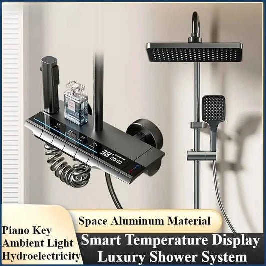 Smart Temperature Digital Display Shower Set Bathroom Wall Mounted Piano Key 4 Ways Water Outlet Rainlfall Shower Faucet System