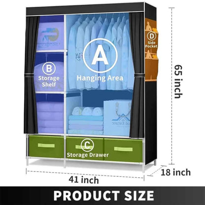 2025 New Upgraded Wardrobe 65 Inch Portable Cabinet Large Clothes Closet with Storage Shelves and Side Pocket Clothes Organizer