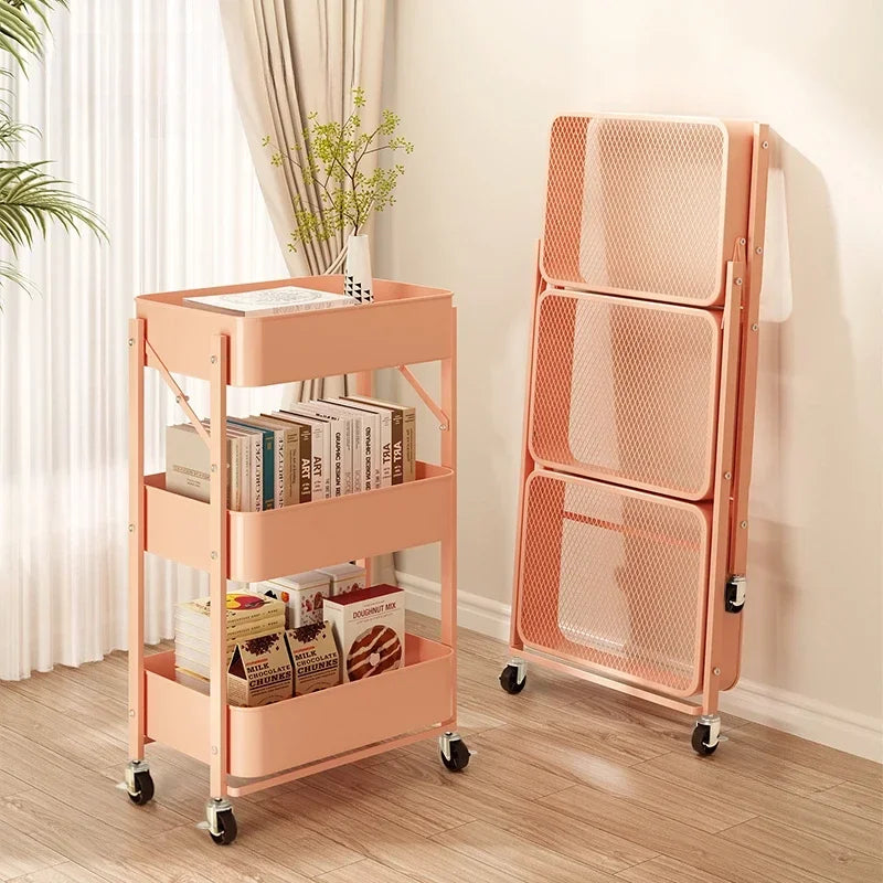 Folding Storage Trolley Rack Kitchen Bathroom Multi Storey Snacks Shelving Bedroom Mobile Trolley Storage Rack Organizer Carts - Ceenaz Store