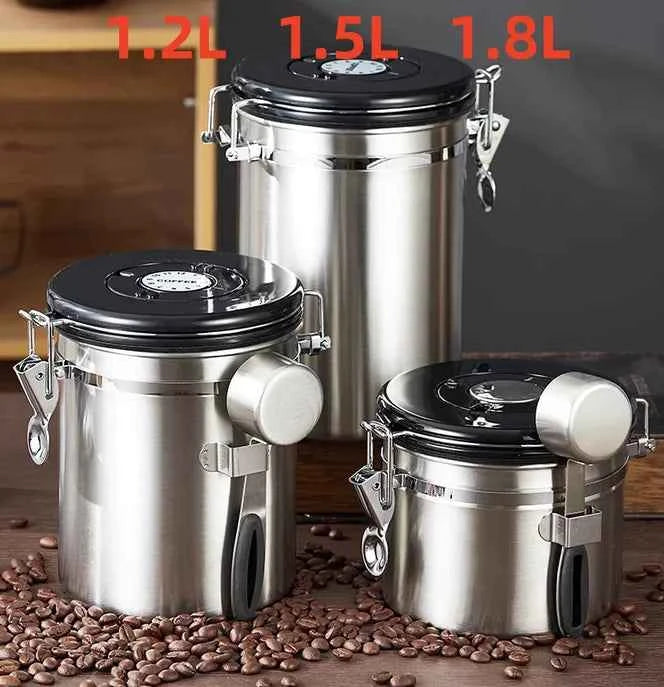 304 Stainless Steel Coffee Canister Coffee Bean Storage Airtight Containers with Date with Spoon Vent Valve Kitchen Food Storage Jar
