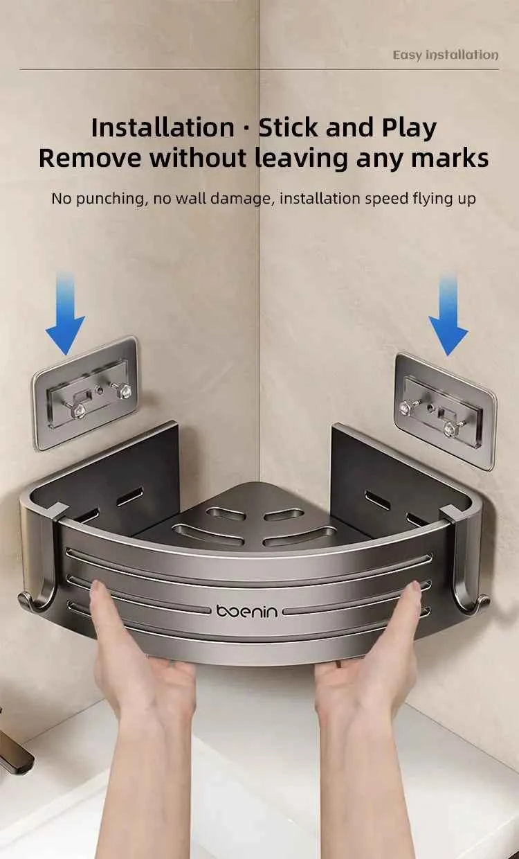 No Drill Bathroom Corner Shelf Wall Mounted Shower Corner Shelves with Hook Towel Bar Space Aluminum Bathroom Organizer Rack