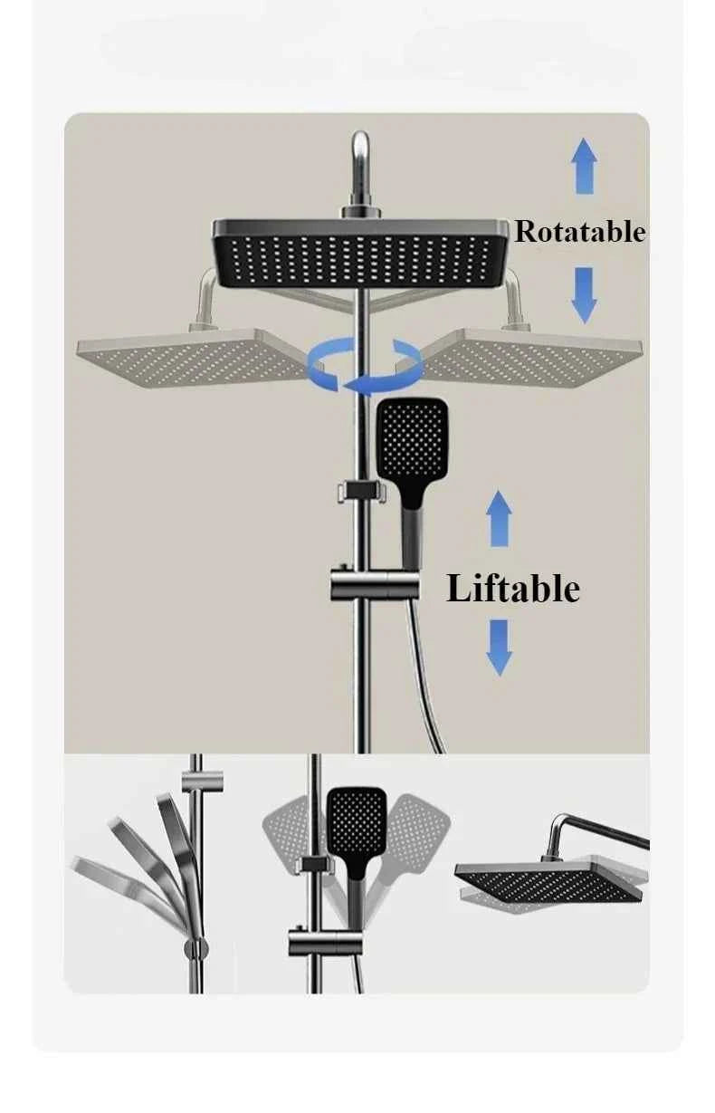 Smart Temperature Digital Display Shower Set Bathroom Wall Mounted Piano Key 4 Ways Water Outlet Rainlfall Shower Faucet System