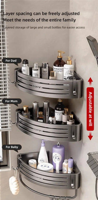 No Drill Bathroom Corner Shelf Wall Mounted Shower Corner Shelves with Hook Towel Bar Space Aluminum Bathroom Organizer Rack - Ceenaz Store