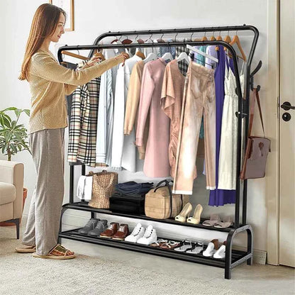 Double Rail Standing Clothes Rack Clothes Rail Shoes Rack Storage Shelf Wall Clothes Rack for Wardrobe Room Bedroom Living Room