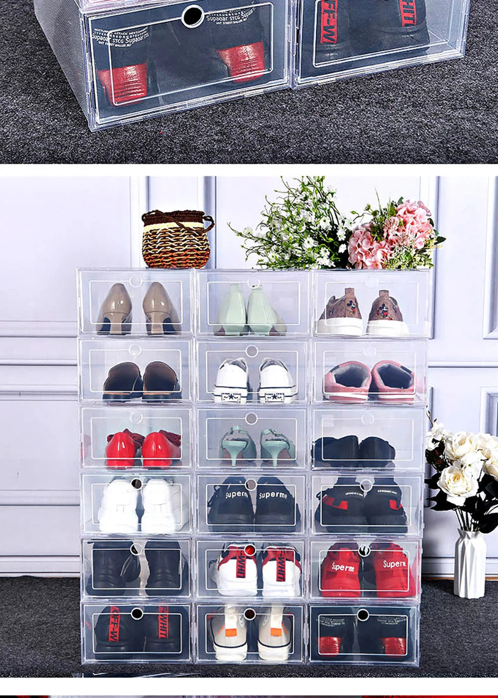 6 Pack Transparent shoe box shoes organizers thickened foldable Dustproof storage box Stackable combined shoe cabinet Sale - Ceenaz Store